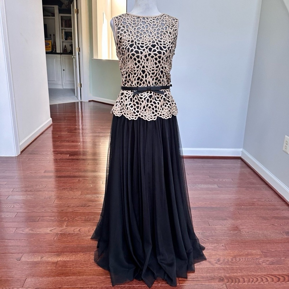 Tadashi Shoji Luxury Black Tie Black Gold Formal Gown Dress Ethereal Feminine